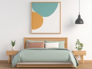 Cozy minimalist kids' bedroom with a pastel-colored bed, wooden furniture, and soft lighting, kids' room, modern comfort