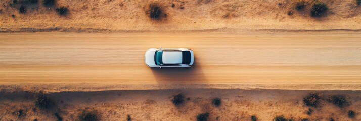 Desert road top view of car driving through the deserted area with dry land along dirt road