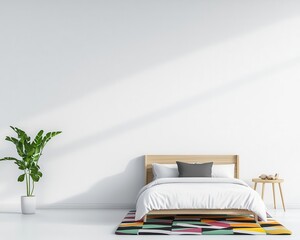Spacious minimalist kids' bedroom with a white bed, wooden furniture, and a playful rug, kids' design, minimalist room