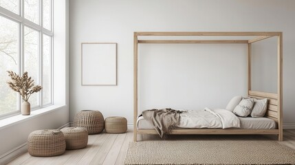 Spacious kids' bedroom with a light wood bed, large windows, and neutral decor, minimalist kids' room, open layout