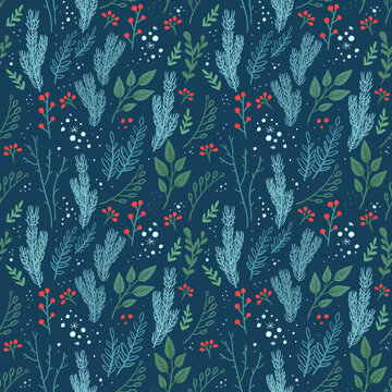 Christmas winter floral seamless pattern. New Year's decor. Festive pattern for your design.