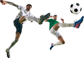 Player in green kicking it forward, and player in white making defensive move to stop him against...