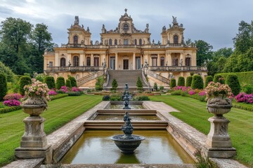 A grand historical building surrounded by manicured gardens and fountains.