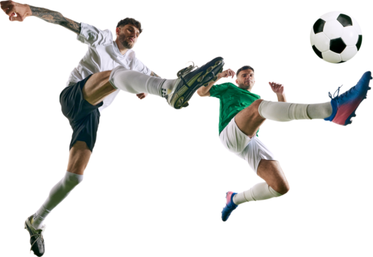 Player in green kicking it forward, and player in white making defensive move to stop him against transparent background. Concept of professional sport, championship, final match. Ad