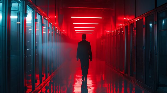 Lone figure walking down a corridor lit by neon red lights in a dark futuristic setting evokes an intriguing sense of mystery. - Powered by Adobe