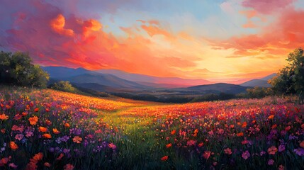 A Vibrant Field of Flowers at Sunset with a Mountain Range in the Background