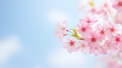 Obraz premium Close-up of pink cherry blossoms in full bloom, with a soft blue sky in the background, ample copy space for text, high-end national geographic photography style, deep depth of field
