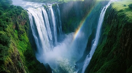 Fototapeta premium A breathtaking waterfall scene with lush greenery and a rainbow in the mist.