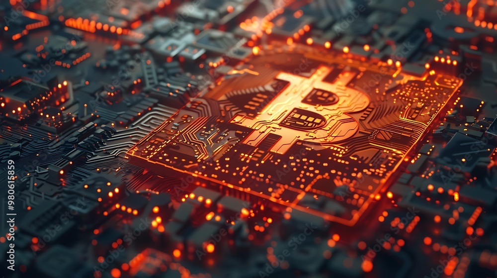 Poster close-up of a bitcoin symbol on a circuit board, representing the digital currency and its technolog