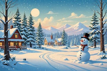 Obraz premium A cute snowman in the snow, with a hat and scarf on the background of a winter landscape with trees and houses. The concept of Christmas and New Year.