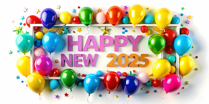 3D Colorful Party Frame with Balloons and Streamers - Happy New Year 2025 Celebration Design on Isolated White Background