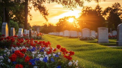 Tranquil Sunset Over a Cemetery with Colorful Flowers