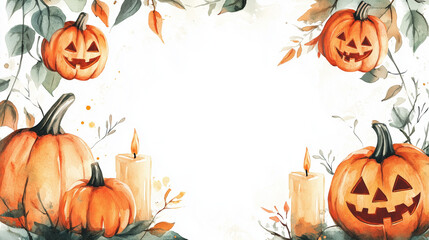 Watercolor Halloween pumpkins with candles and autumn leaves on white background with copy space