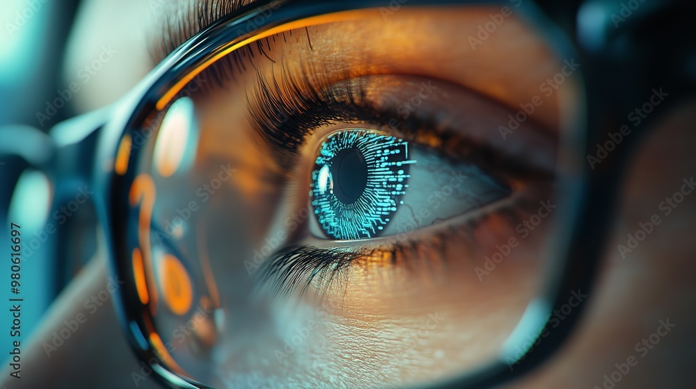 Poster macro image showcasing a person's eye with reflections of graphs and data on the glasses lens