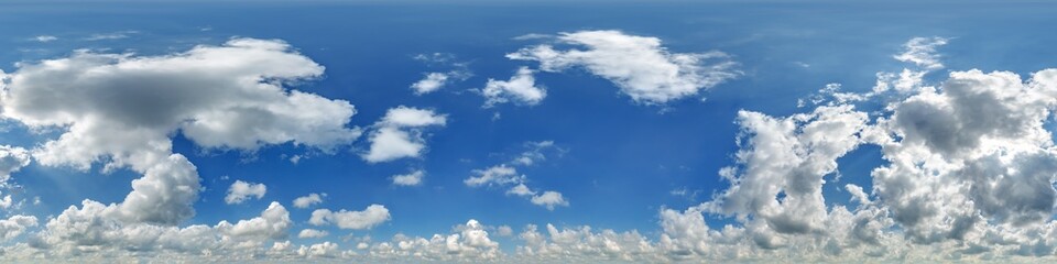 blue sky hdri 360 panorama with white clouds with zenith for use in 3d graphics as sky dome or edit drone shot as sky replacement © hiv360