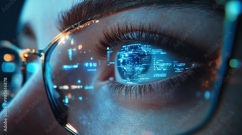 Poster macro image showcasing a person's eye with reflections of graphs and data on the glasses lens