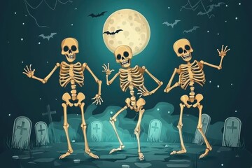 Spooky dancing skeletons in graveyard with full moon and bats