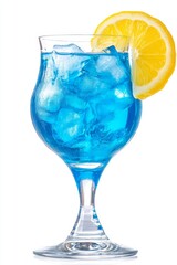 Isolated Refreshing Blue Cocktail with Ice Cubes and a Lemon Slice. Appealing Summer Drink.