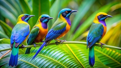 Vibrant tropical birds with iridescent feathers in shades of blue, green, and yellow perched on a branch amidst lush foliage.