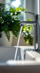 Close-up sink with faucet with running water in bright bathroom