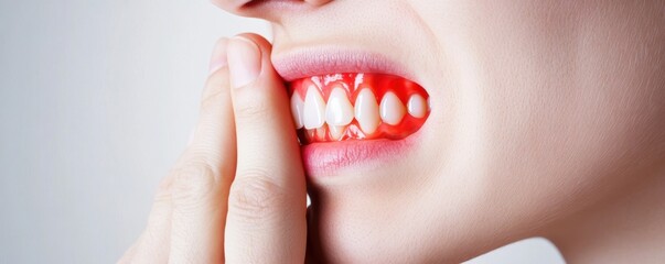 Obraz premium A close-up image of a person showing teeth with inflamed gums, highlighting dental health issues and oral care concerns.