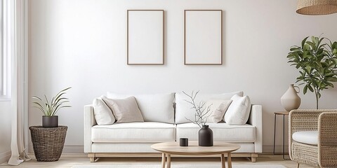 Fototapeta premium Minimalist modern living room interior background, Scandinavian style, 3D render. ai generated