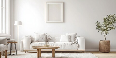 Minimalist modern living room interior background, Scandinavian style, 3D render. AI generative