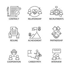 Vector icon set for business HR and career success. Covers key elements such as resume, recruitment, cooperation, partnership, and career path icons with monoline illustrations.