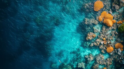 Obraz premium Aerial view of vibrant coral reef beneath crystal-clear turquoise water, intricate patterns of coral, tropical fish swimming, soft sunlight reflections, Realism, High detail