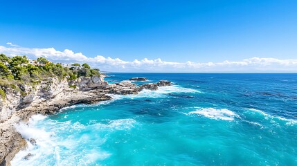 Obraz premium A panoramic view of a dramatic coastline, with turquoise water crashing against jagged cliffs, captured in a National Geographic style with deep depth of field.