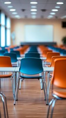 Empty defocused university classroom with chairs and tables 