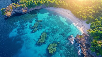 Aerial perspective of a flourishing coral reef teeming with aquatic life beneath shimmering, clear waters copy space, ocean sustainability, dynamic, Overlay, coastal cliffs backdrop