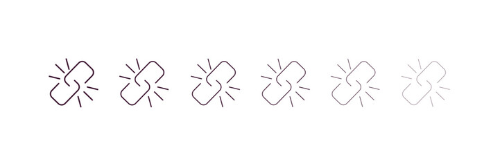 broken link outline icon. Linear vector from programming concept. 6 different line style broken link icon included thin, light, regular, medium, bold, black