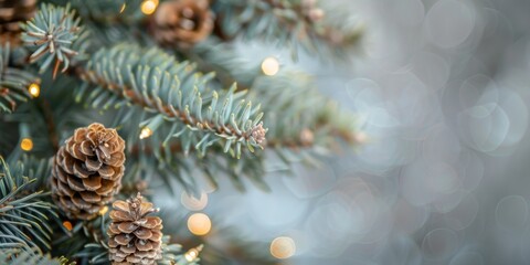 Get in the festive spirit by capturing the beauty of pinecones on a fir tree branch with twinkling lights. Ideal for winter or holiday projects, this cozy decoration idea exudes a magical ambiance