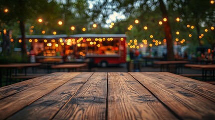 Empty wooden tables on blurred food truck festival and bright decoration lights