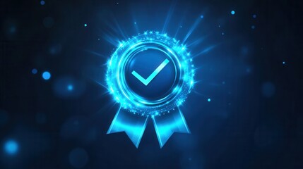"Blue Award Badge with Checkmark and Sparkles"