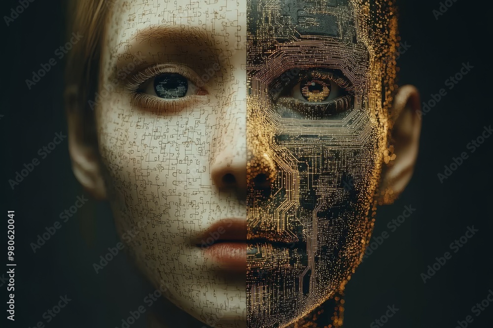 Poster close up of a human face half covered by mechanical components symbolizing the duality between human