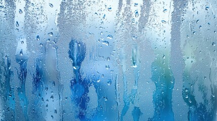 Raindrops cascade on a foggy window, blurring the view of a tranquil outdoor landscape