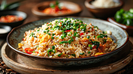 A bowl of rice with meat and vegetables. The bowl is black and the food is red