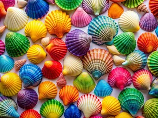 Vibrant summer background featuring a stunning assortment of bright and colorful scallop sea shells in various shapes and sizes on a clean white surface.
