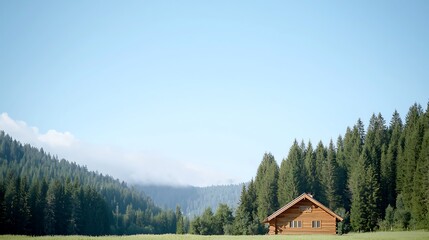 Obraz premium A rustic wooden cabin nestled amidst a dense forest, with a backdrop of towering pines and a clear blue sky. The scene evokes a sense of peace and isolation, perfect for a rural retreat.