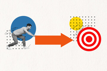 Composite photo collage of scream businessman push promotion arrow target career development...