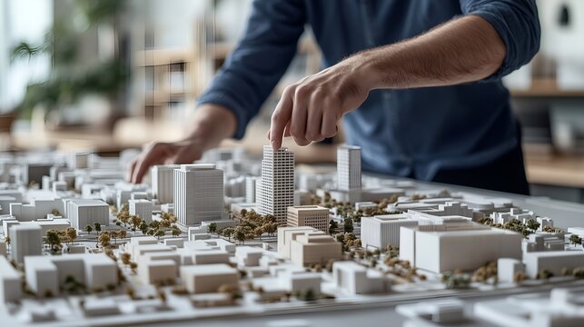 Urban Planning and Architectural Model with Designer Adjusting Skyscraper