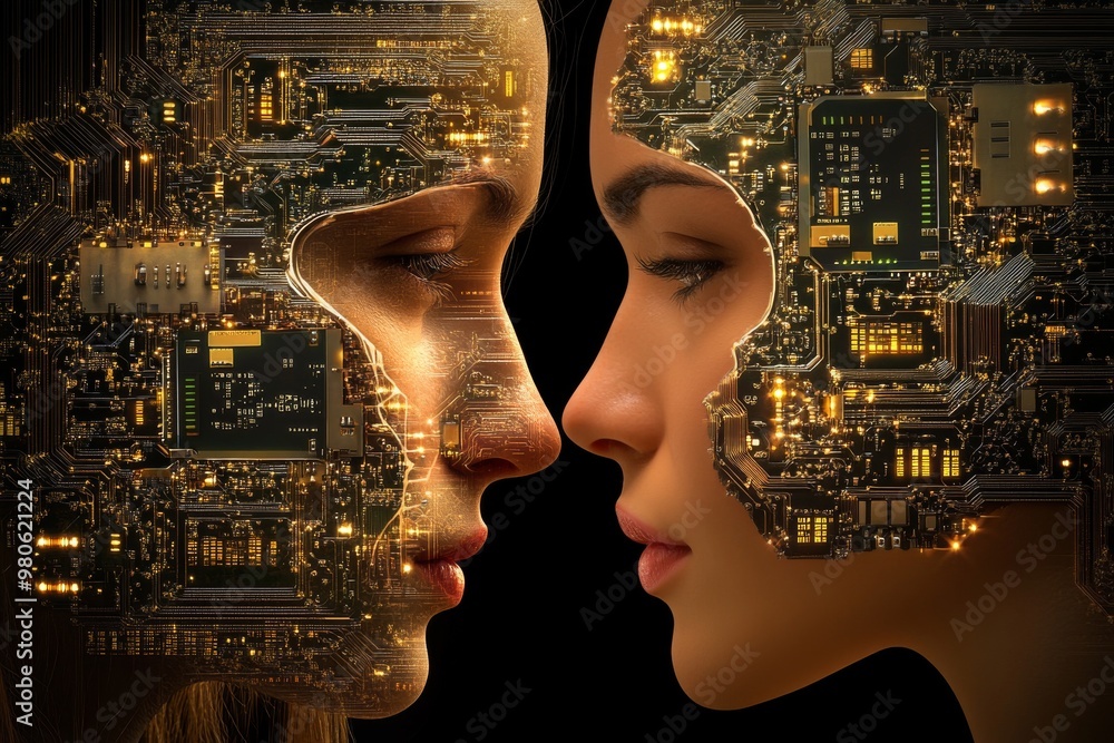 Aufkleber two female faces with glowing circuitry symbolizing human tech integration digital transformation an
