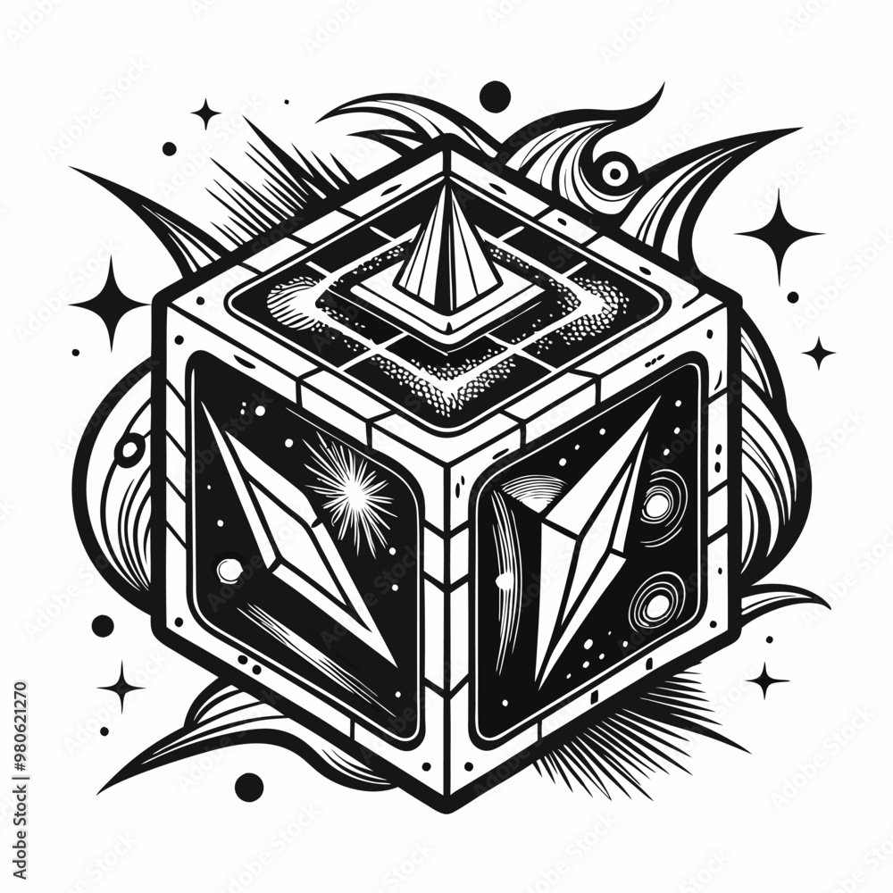 Poster abstract geometric cube with cosmic elements and intricate designs