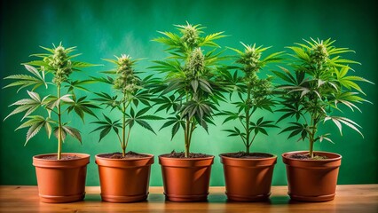 Obraz premium Five potted cannabis plants with lush green leaves standing side by side against a vibrant green background, providing ample copy space for text or design elements.