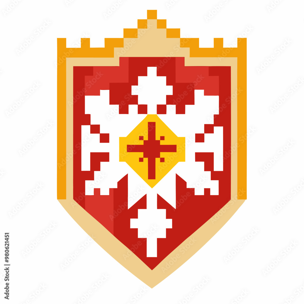Poster pixel art shield with abstract snowflake and cross design