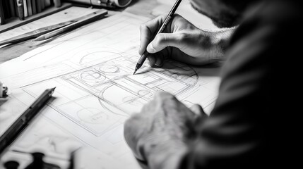 Architect Hand Drawing Architectural Blueprint in Black and White