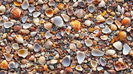 Colorful collection of seashells and pebbles on a sandy beach at sunrise in summer