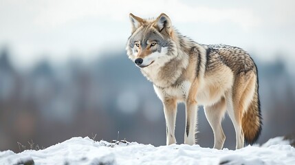 Naklejka premium A lone wolf silhouetted against a snow-covered mountain range, with a sense of solitude and strength in its posture. The scene evokes a feeling of awe and wonder at the resilience of wildlife in
